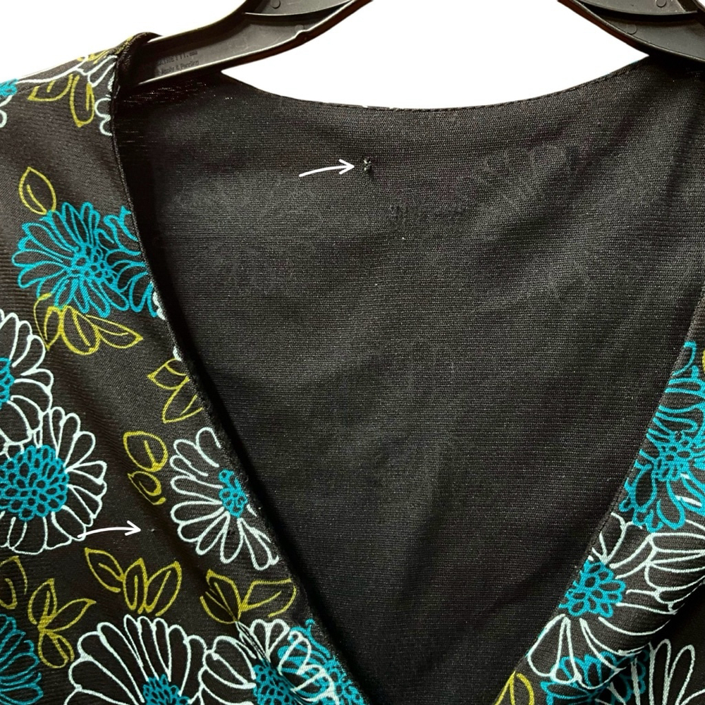 Unbranded Black Gold Dark Dusty Blue White Floral Lined Peplum Tie Blouse Wm Lg - Picture 6 of 6